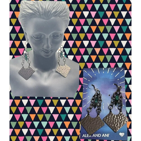 Alex and Ani Aurora Blaze Hammered Gunmetal Green Marquise Stone Drop Earrings - Picture 1 of 4